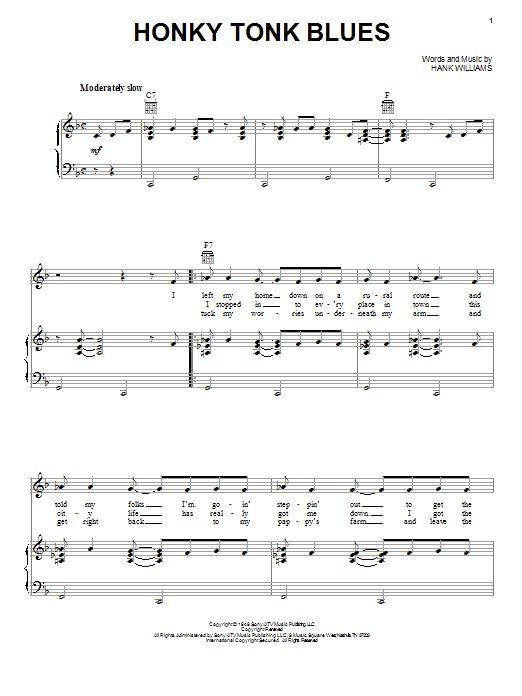Download Hank Williams Honky Tonk Blues sheet music and printable PDF score & Country music notes