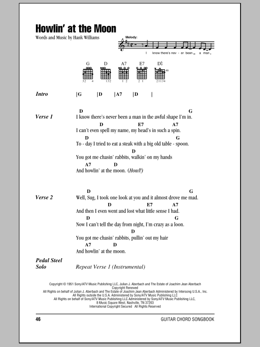 Preview Hank Williams Howlin' At The Moon Country sheet music, notes and chords for Lyrics & Chords, SKU: 78880 sheet music, piano notes, chords, guitar tabs, score, transpose, transcribe, how to play, guide, download, learn, tutorial, progression, song, artist, awards, billboard, mtv, vh1, tour, single, album, release