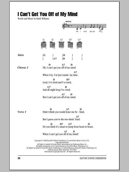 Download Hank Williams I Can't Get You Off Of My Mind sheet music and printable PDF score & Country music notes