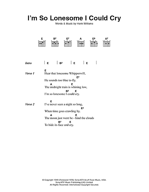 Preview Hank Williams I'm So Lonesome I Could Cry Country sheet music, notes and chords for Lyrics & Chords, SKU: 78892 sheet music, piano notes, chords, guitar tabs, score, transpose, transcribe, how to play, guide, download, learn, tutorial, progression, song, artist, awards, billboard, mtv, vh1, tour, single, album, release