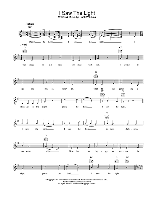 Preview Hank Williams I Saw The Light Religious sheet music, notes and chords for Piano, SKU: 162397 sheet music, piano notes, chords, guitar tabs, score, transpose, transcribe, how to play, guide, download, learn, tutorial, progression, song, artist, awards, billboard, mtv, vh1, tour, single, album, release