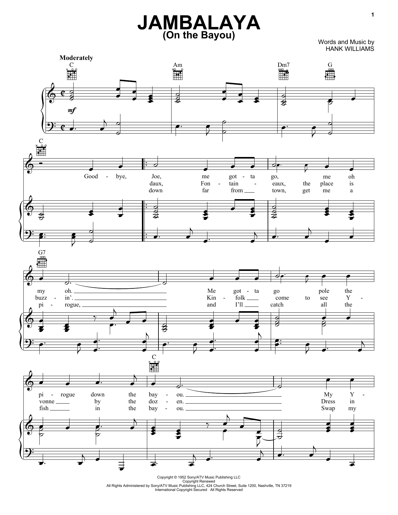 Preview Hank Williams Jambalaya (On The Bayou) Country sheet music, notes and chords for Lyrics & Chords, SKU: 78903 Download Hank Williams Jambalaya (On The Bayou) sheet music and printable PDF score & Country music notes