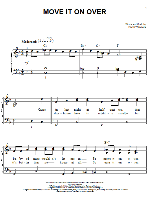Preview Hank Williams Move It On Over Country sheet music, notes and chords for Lyrics & Chords, SKU: 78929 Download Hank Williams Move It On Over sheet music and printable PDF score & Country music notes