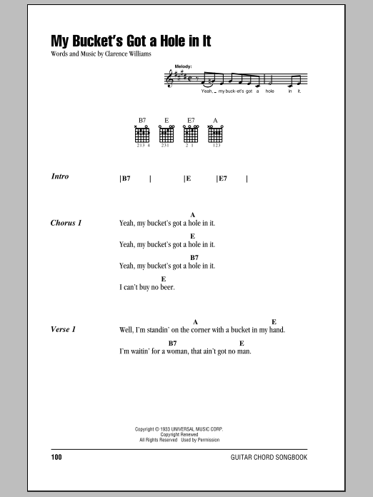 Preview Hank Williams My Bucket's Got A Hole In It Country sheet music, notes and chords for Lyrics & Chords, SKU: 78921 Download Hank Williams My Bucket's Got A Hole In It sheet music and printable PDF score & Country music notes