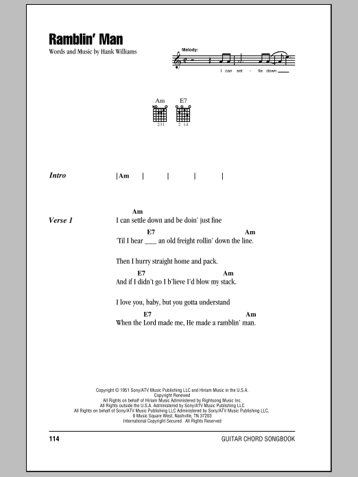 Preview Hank Williams Ramblin' Man Country sheet music, notes and chords for Lyrics & Chords, SKU: 78936 Download Hank Williams Ramblin' Man sheet music and printable PDF score & Country music notes