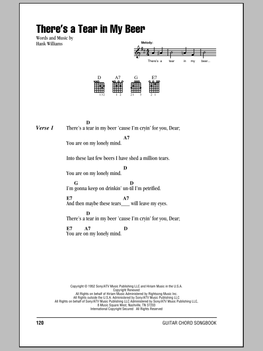 Preview Hank Williams There's A Tear In My Beer Country sheet music, notes and chords for Melody Line, Lyrics & Chords, SKU: 107927 sheet music, piano notes, chords, guitar tabs, score, transpose, transcribe, how to play, guide, download, learn, tutorial, progression, song, artist, awards, billboard, mtv, vh1, tour, single, album, release