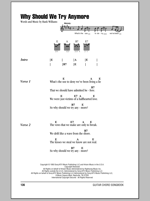 Download Hank Williams Why Should We Try Anymore sheet music and printable PDF score & Country music notes