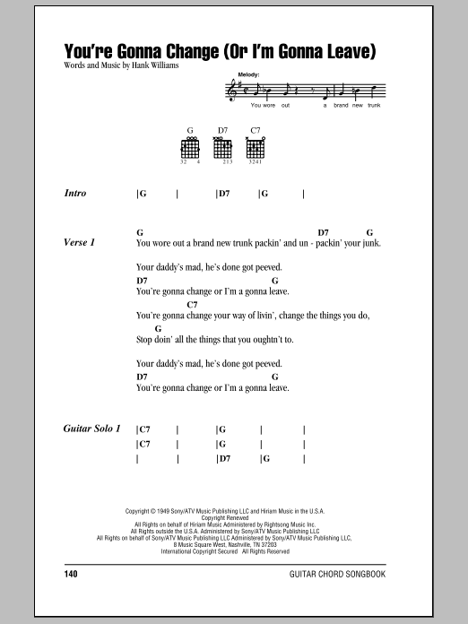 Download Hank Williams You're Gonna Change (Or I'm Gonna Leave) sheet music and printable PDF score & Country music notes