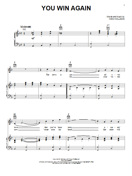 Preview Hank Williams You Win Again Country sheet music, notes and chords for Lyrics & Chords, SKU: 78917 Download Hank Williams You Win Again sheet music and printable PDF score & Country music notes