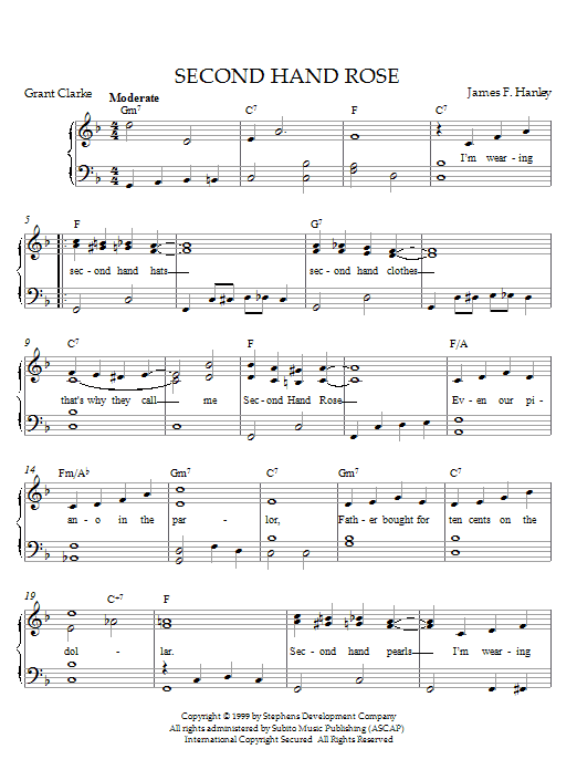 Preview James F. Hanley Second Hand Rose (from Second Avenue) Musicals sheet music, notes and chords for Piano, SKU: 21550 Download James F. Hanley Second Hand Rose (from Second Avenue) sheet music and printable PDF score & Musicals music notes