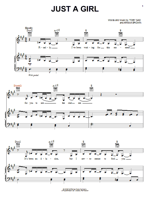 Preview Hannah Montana Just A Girl Pop sheet music, notes and chords for Piano, Vocal & Guitar (Right-Hand Melody), SKU: 72538 sheet music, piano notes, chords, guitar tabs, score, transpose, transcribe, how to play, guide, download, learn, tutorial, progression, song, artist, awards, billboard, mtv, vh1, tour, single, album, release