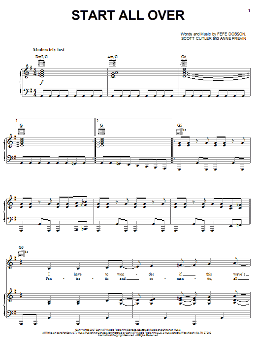 Preview Hannah Montana Start All Over Pop sheet music, notes and chords for Piano, Vocal & Guitar (Right-Hand Melody), SKU: 62283 sheet music, piano notes, chords, guitar tabs, score, transpose, transcribe, how to play, guide, download, learn, tutorial, progression, song, artist, awards, billboard, mtv, vh1, tour, single, album, release