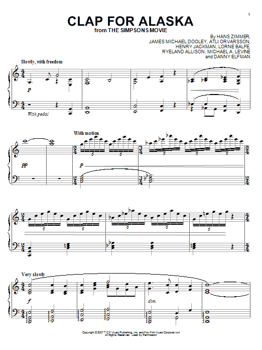 Preview Hans Zimmer Clap For Alaska Film and TV sheet music, notes and chords for Piano, SKU: 62671 Download Hans Zimmer Clap For Alaska sheet music and printable PDF score & Film and TV music notes