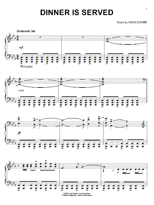 Preview Hans Zimmer Dinner Is Served (from Pirates Of The Caribbean: Dead Man's Chest) Film and TV sheet music, notes and chords for Piano, SKU: 55549 Download Hans Zimmer Dinner Is Served (from Pirates Of The Caribbean: Dead Man's Chest) sheet music and printable PDF score & Film and TV music notes