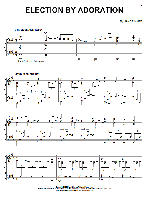 Preview Hans Zimmer Election By Adoration Film and TV sheet music, notes and chords for Piano, SKU: 71633 sheet music, piano notes, chords, guitar tabs, score, transpose, transcribe, how to play, guide, download, learn, tutorial, progression, song, artist, awards, billboard, mtv, vh1, tour, single, album, release