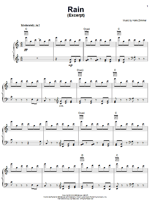 Preview Hans Zimmer Rain (from Spirit: Stallion Of The Cimarron) Children sheet music, notes and chords for Piano, Vocal & Guitar (Right-Hand Melody), SKU: 22126 Download Hans Zimmer Rain (from Spirit: Stallion Of The Cimarron) sheet music and printable PDF score & Children music notes