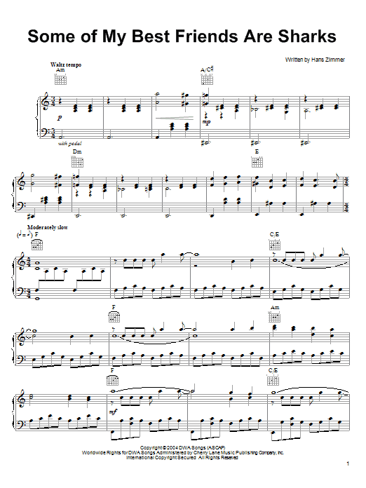 Preview Hans Zimmer Some Of My Best Friends Are Sharks (from Shark Tale) Pop sheet music, notes and chords for Piano, Vocal & Guitar (Right-Hand Melody), SKU: 51456 sheet music, piano notes, chords, guitar tabs, score, transpose, transcribe, how to play, guide, download, learn, tutorial, progression, song, artist, awards, billboard, mtv, vh1, tour, single, album, release
