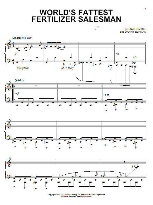 Preview Hans Zimmer World's Fattest Fertilizer Salesman Film and TV sheet music, notes and chords for Piano, SKU: 62666 sheet music, piano notes, chords, guitar tabs, score, transpose, transcribe, how to play, guide, download, learn, tutorial, progression, song, artist, awards, billboard, mtv, vh1, tour, single, album, release
