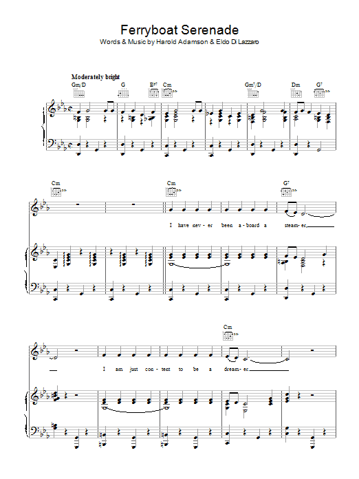 Preview Harold Adamson Ferryboat Serenade Easy Listening sheet music, notes and chords for Piano, Vocal & Guitar (Right-Hand Melody), SKU: 40352 Download Harold Adamson Ferryboat Serenade sheet music and printable PDF score & Easy Listening music notes