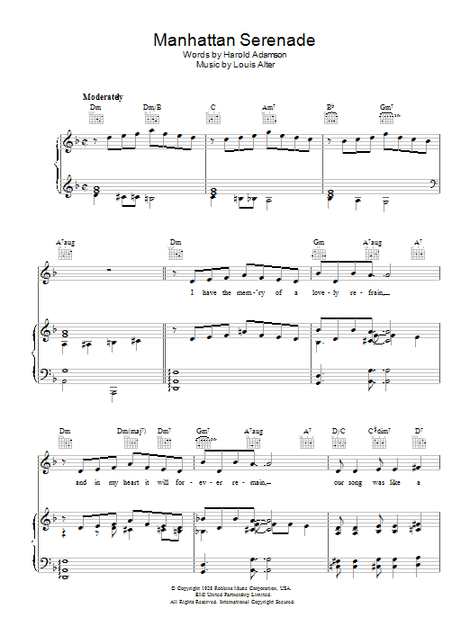 Preview Harold Adamson Manhattan Serenade Easy Listening sheet music, notes and chords for Piano, Vocal & Guitar (Right-Hand Melody), SKU: 40362 Download Harold Adamson Manhattan Serenade sheet music and printable PDF score & Easy Listening music notes