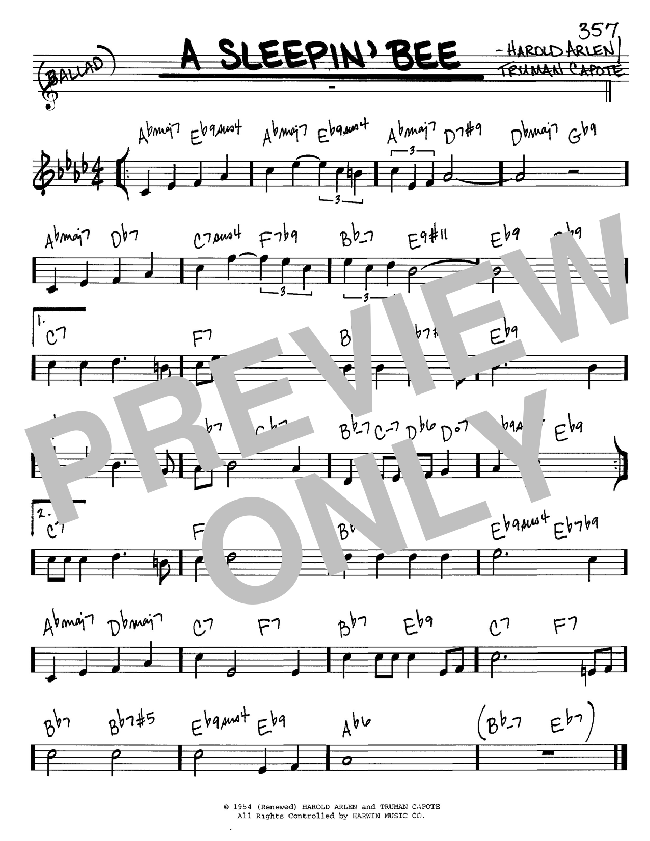 Download Harold Arlen A Sleepin' Bee sheet music and printable PDF score & Unclassified music notes