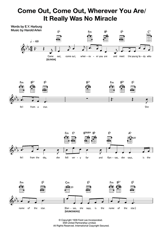 Preview Harold Arlen Come Out, Come Out, Wherever You Are Musicals sheet music, notes and chords for Piano, Vocal & Guitar (Right-Hand Melody), SKU: 121239 sheet music, piano notes, chords, guitar tabs, score, transpose, transcribe, how to play, guide, download, learn, tutorial, progression, song, artist, awards, billboard, mtv, vh1, tour, single, album, release