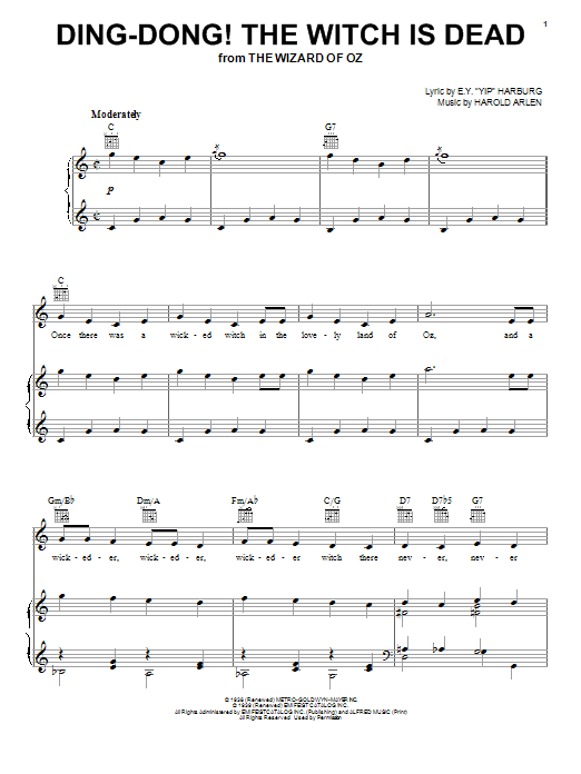 Preview Harold Arlen Ding-Dong! The Witch Is Dead Musicals sheet music, notes and chords for Easy Piano, SKU: 121268 sheet music, piano notes, chords, guitar tabs, score, transpose, transcribe, how to play, guide, download, learn, tutorial, progression, song, artist, awards, billboard, mtv, vh1, tour, single, album, release