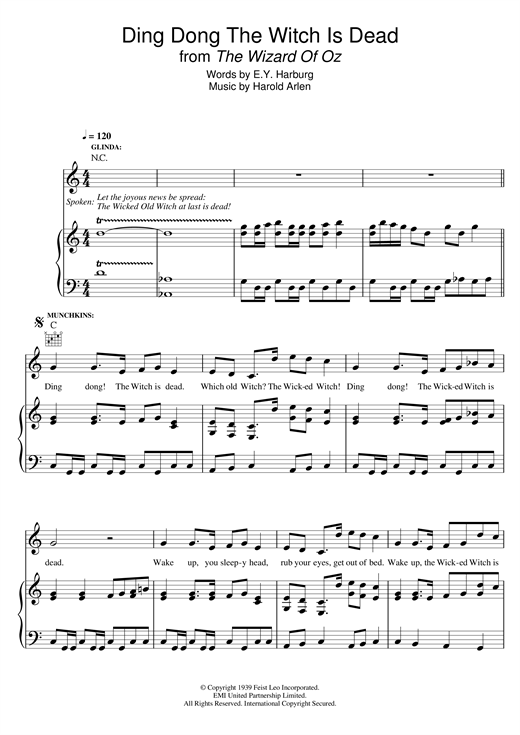 Preview Harold Arlen Ding-Dong! The Witch Is Dead (from 'The Wizard Of Oz') Musicals sheet music, notes and chords for Piano, Vocal & Guitar (Right-Hand Melody), SKU: 120821 sheet music, piano notes, chords, guitar tabs, score, transpose, transcribe, how to play, guide, download, learn, tutorial, progression, song, artist, awards, billboard, mtv, vh1, tour, single, album, release
