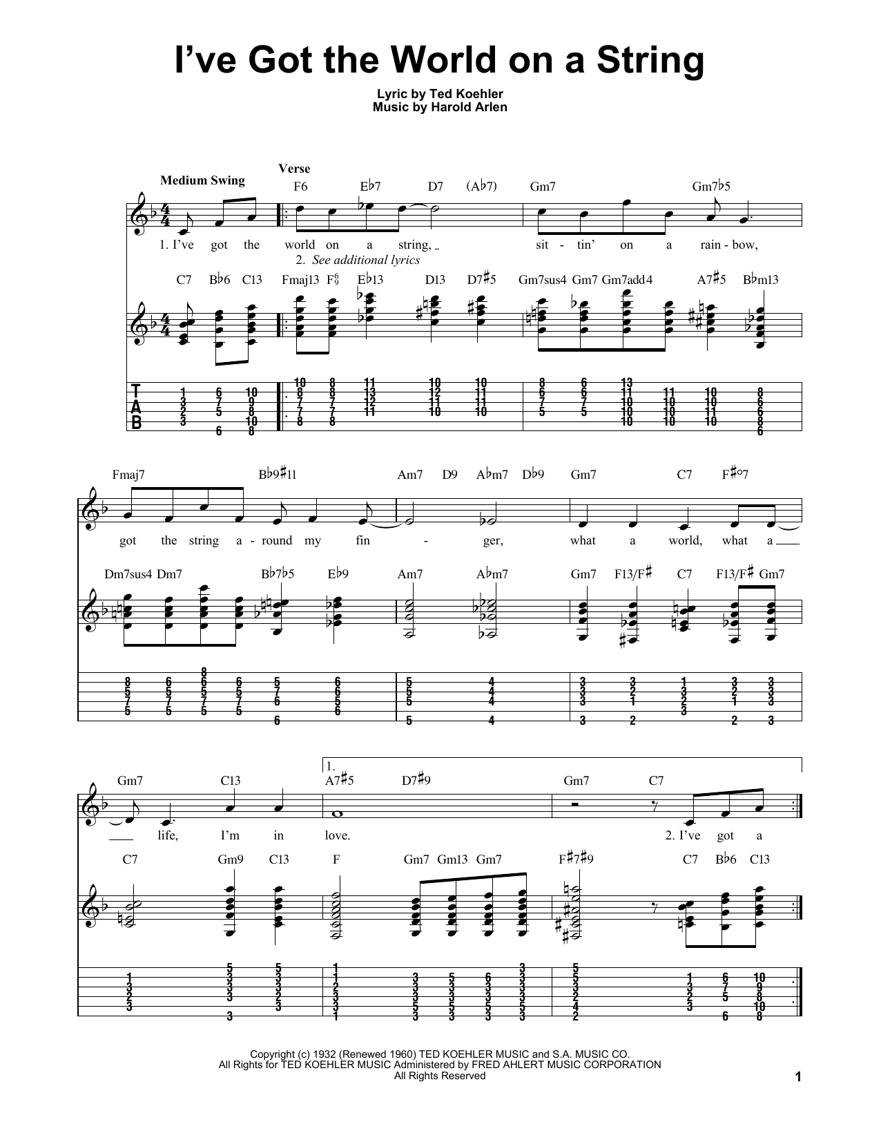 Download Harold Arlen I've Got The World On A String sheet music and printable PDF score & Folk music notes