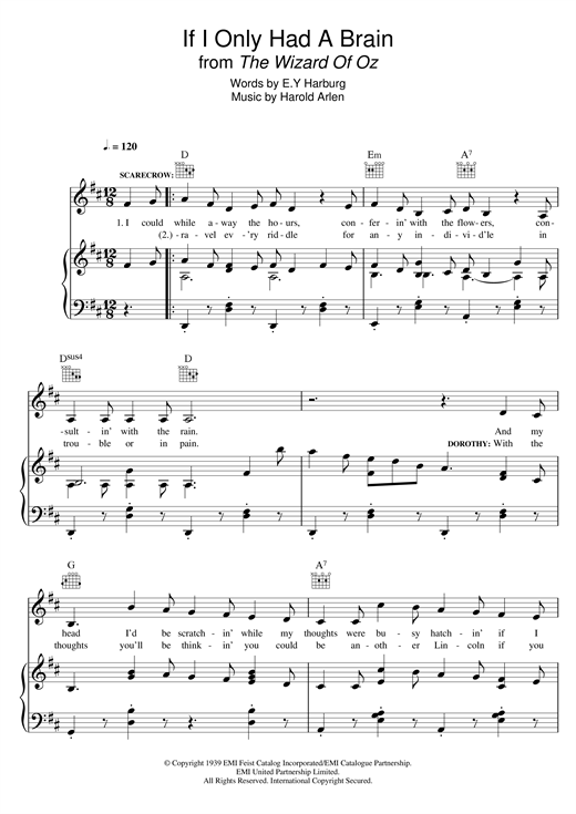Preview Harold Arlen If I Only Had A Brain (from 'The Wizard Of Oz') Musicals sheet music, notes and chords for Piano, Vocal & Guitar (Right-Hand Melody), SKU: 120822 sheet music, piano notes, chords, guitar tabs, score, transpose, transcribe, how to play, guide, download, learn, tutorial, progression, song, artist, awards, billboard, mtv, vh1, tour, single, album, release