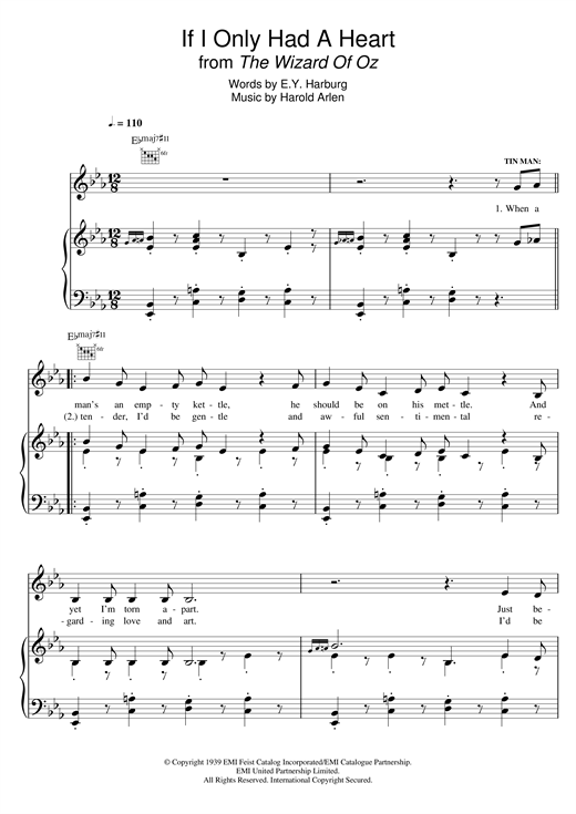 Preview Harold Arlen If I Only Had A Heart (from 'The Wizard Of Oz') Musicals sheet music, notes and chords for Piano, Vocal & Guitar (Right-Hand Melody), SKU: 120823 sheet music, piano notes, chords, guitar tabs, score, transpose, transcribe, how to play, guide, download, learn, tutorial, progression, song, artist, awards, billboard, mtv, vh1, tour, single, album, release