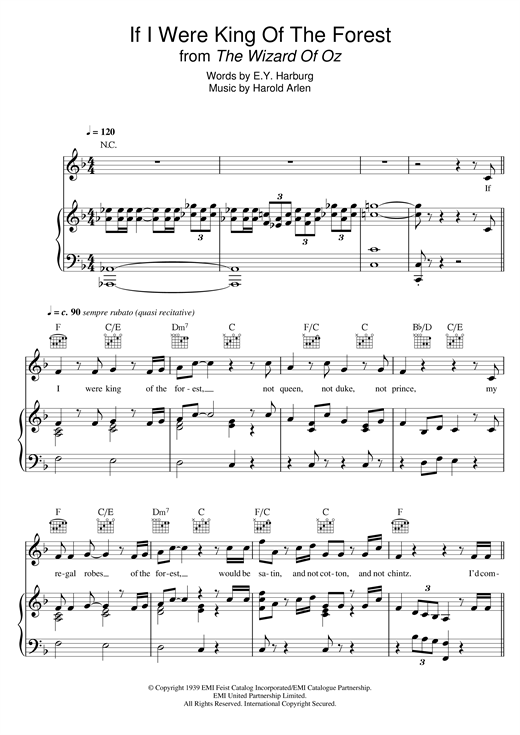 Preview Harold Arlen If I Were The King Of The Forest (from 'The Wizard Of Oz') Musicals sheet music, notes and chords for Piano, Vocal & Guitar (Right-Hand Melody), SKU: 120825 sheet music, piano notes, chords, guitar tabs, score, transpose, transcribe, how to play, guide, download, learn, tutorial, progression, song, artist, awards, billboard, mtv, vh1, tour, single, album, release