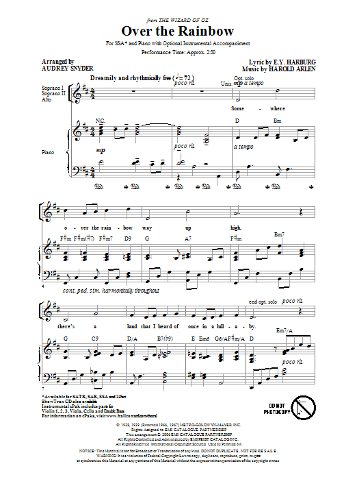 Preview Harold Arlen Over The Rainbow (arr. Audrey Snyder) Concert sheet music, notes and chords for 2-Part Choir, SKU: 54524 sheet music, piano notes, chords, guitar tabs, score, transpose, transcribe, how to play, guide, download, learn, tutorial, progression, song, artist, awards, billboard, mtv, vh1, tour, single, album, release