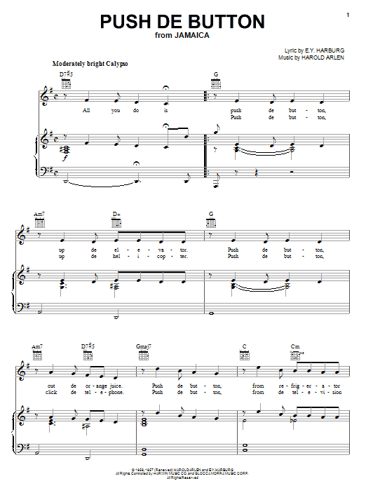 Preview Harold Arlen Push De Button Broadway sheet music, notes and chords for Piano, Vocal & Guitar (Right-Hand Melody), SKU: 69868 Download Harold Arlen Push De Button sheet music and printable PDF score & Broadway music notes