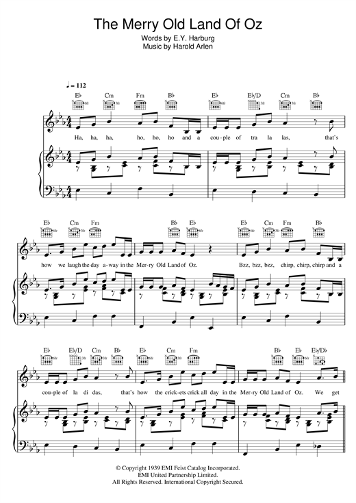 Preview Harold Arlen The Merry Old Land Of Oz Musicals sheet music, notes and chords for Piano, Vocal & Guitar (Right-Hand Melody), SKU: 121269 sheet music, piano notes, chords, guitar tabs, score, transpose, transcribe, how to play, guide, download, learn, tutorial, progression, song, artist, awards, billboard, mtv, vh1, tour, single, album, release