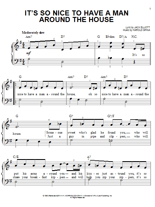 Preview Harold Spina It's So Nice To Have A Man Around The House Jazz sheet music, notes and chords for Easy Piano, SKU: 52104 Download Harold Spina It's So Nice To Have A Man Around The House sheet music and printable PDF score & Jazz music notes