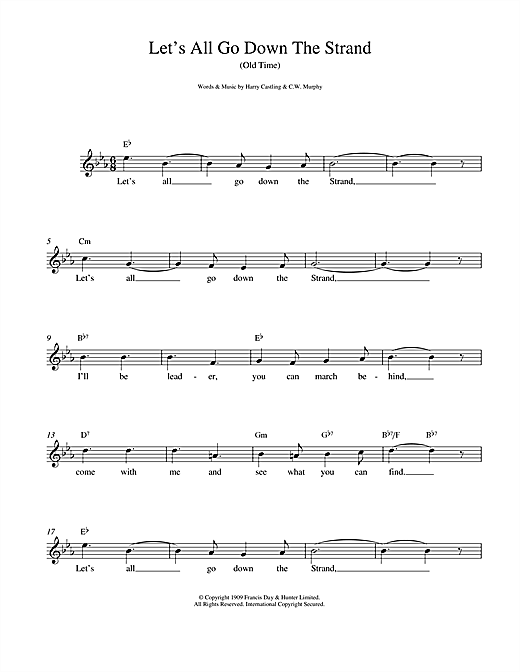 Preview Harry Castling Let's All Go Down The Strand Classics sheet music, notes and chords for Melody Line, Lyrics & Chords, SKU: 14516 sheet music, piano notes, chords, guitar tabs, score, transpose, transcribe, how to play, guide, download, learn, tutorial, progression, song, artist, awards, billboard, mtv, vh1, tour, single, album, release