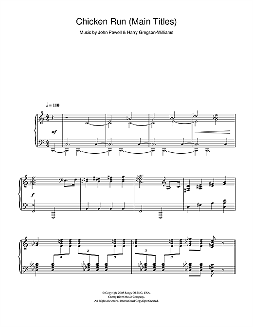 Preview Harry Gregson-Williams Chicken Run (Main Titles) Film and TV sheet music, notes and chords for Piano, SKU: 106640 sheet music, piano notes, chords, guitar tabs, score, transpose, transcribe, how to play, guide, download, learn, tutorial, progression, song, artist, awards, billboard, mtv, vh1, tour, single, album, release