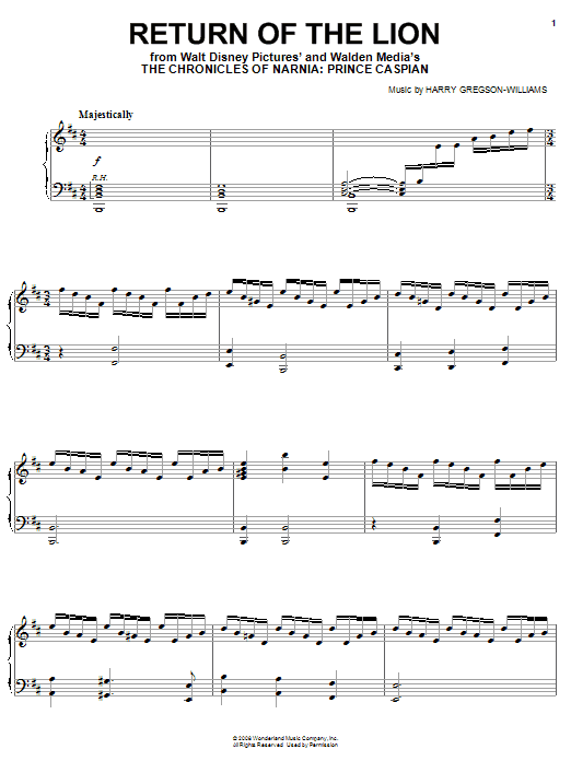 Preview Harry Gregson-Williams Return Of The Lion Film and TV sheet music, notes and chords for Piano, SKU: 65221 sheet music, piano notes, chords, guitar tabs, score, transpose, transcribe, how to play, guide, download, learn, tutorial, progression, song, artist, awards, billboard, mtv, vh1, tour, single, album, release