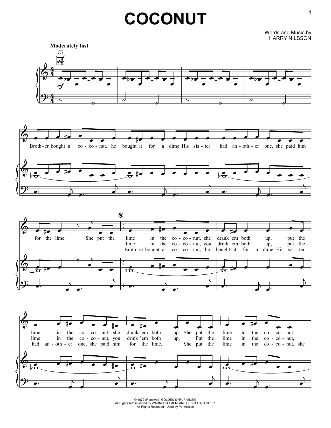Preview Harry Nilsson Coconut Pop sheet music, notes and chords for Piano, Vocal & Guitar (Right-Hand Melody), SKU: 82222 Download Harry Nilsson Coconut sheet music and printable PDF score & Pop music notes
