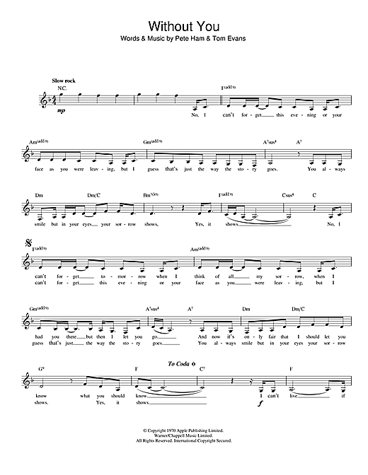 Preview Harry Nilsson Without You Rock sheet music, notes and chords for Piano, Vocal & Guitar (Right-Hand Melody), SKU: 160250 sheet music, piano notes, chords, guitar tabs, score, transpose, transcribe, how to play, guide, download, learn, tutorial, progression, song, artist, awards, billboard, mtv, vh1, tour, single, album, release
