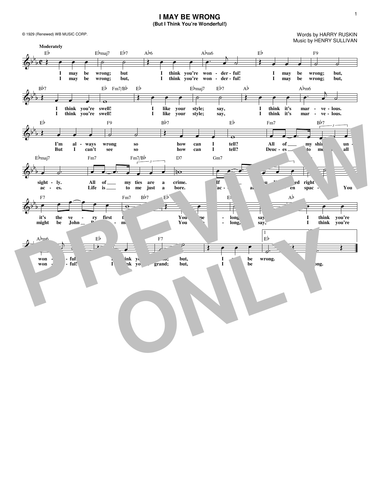 Download Harry Ruskin I May Be Wrong (But I Think You're Wonderful!) sheet music and printable PDF score & Jazz music notes