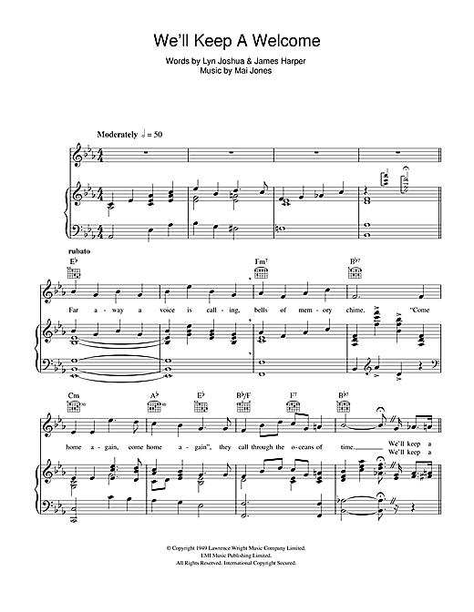 Preview Harry Secombe We'll Keep A Welcome Easy Listening sheet music, notes and chords for Piano, Vocal & Guitar (Right-Hand Melody), SKU: 47798 sheet music, piano notes, chords, guitar tabs, score, transpose, transcribe, how to play, guide, download, learn, tutorial, progression, song, artist, awards, billboard, mtv, vh1, tour, single, album, release