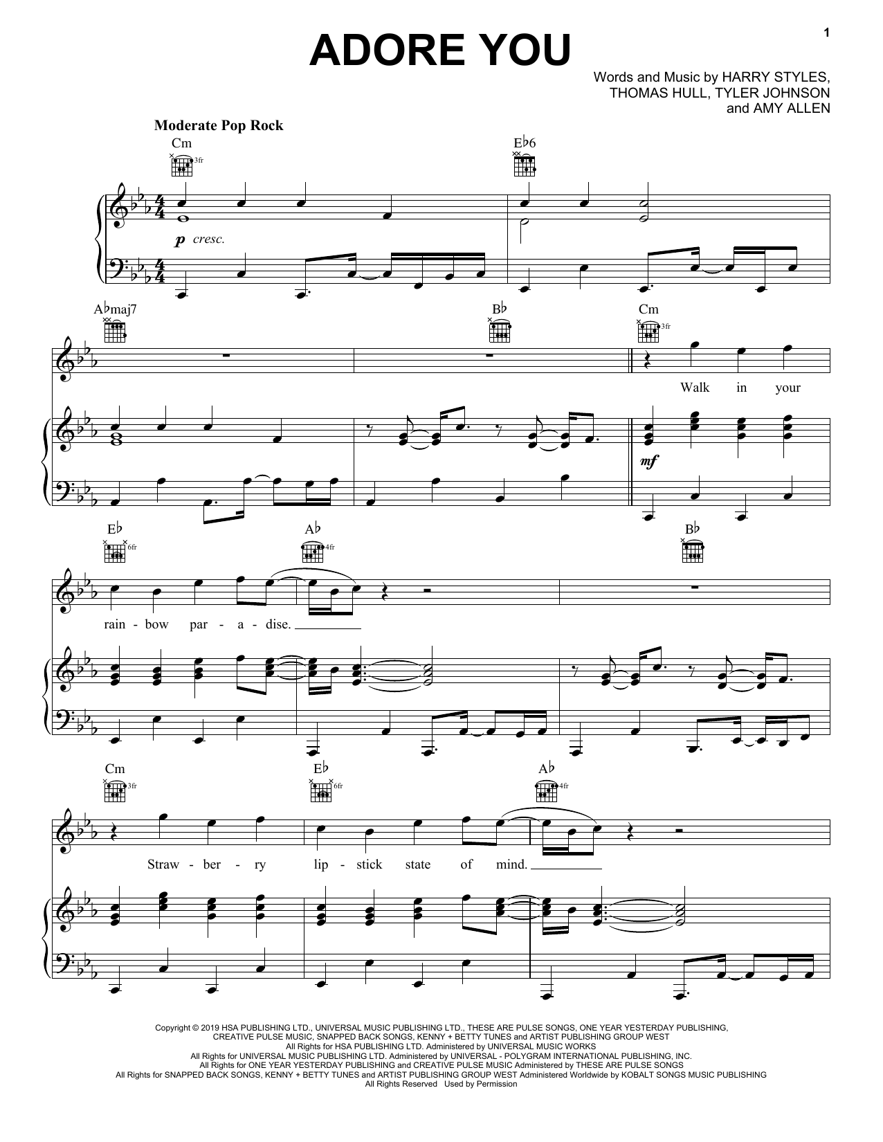 Download Harry Styles Adore You sheet music and printable PDF score & Pop music notes