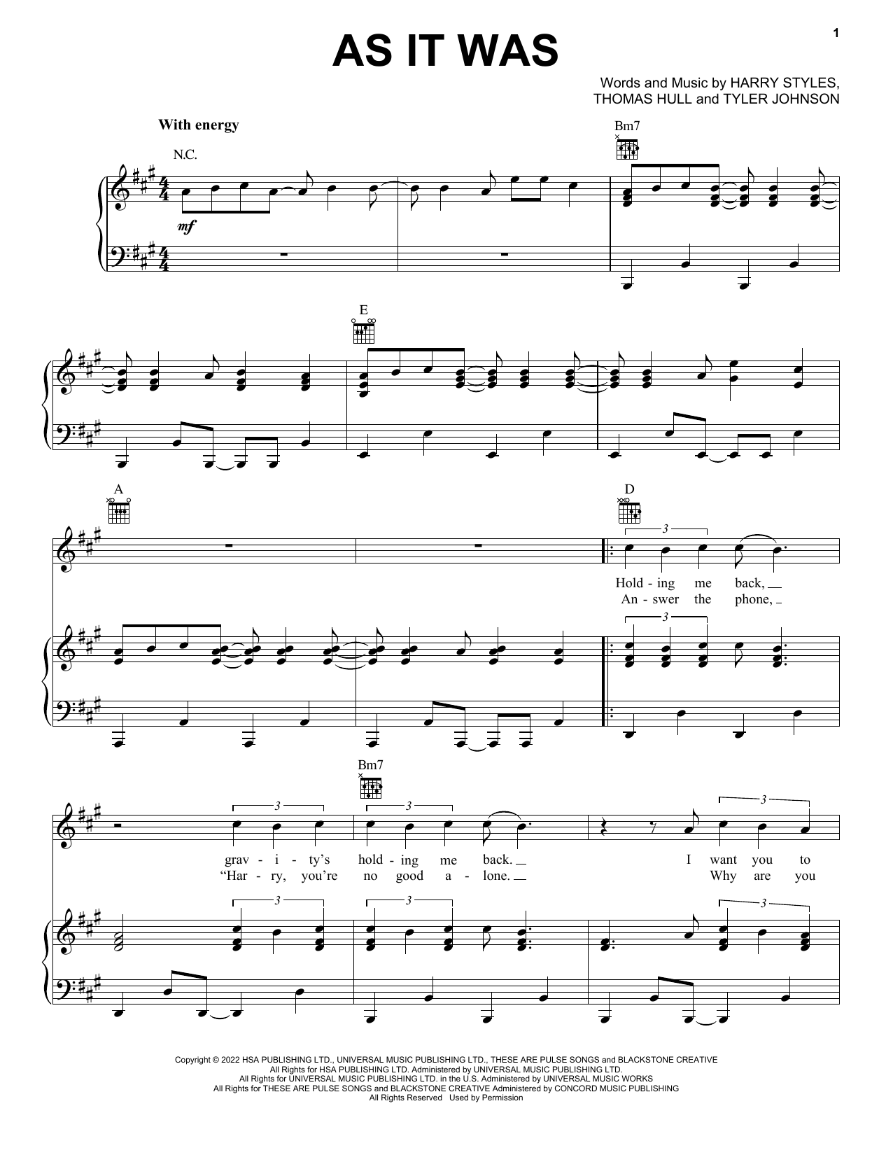 Harry Styles As It Was Sheet Music for Pop Piano, Vocal & Guitar Chords (Right-Hand Melody) including 6 page(s)
