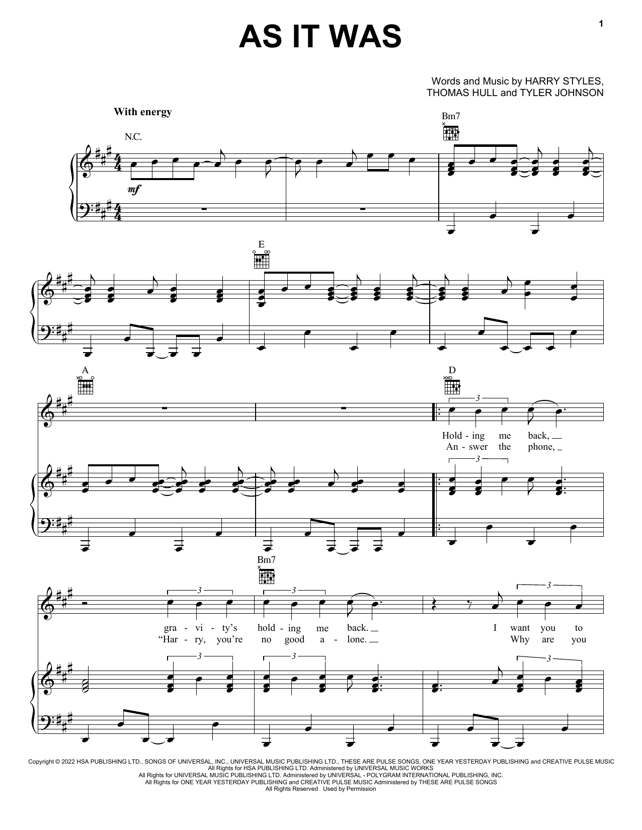 Download Harry Styles As It Was sheet music and printable PDF score & Pop music notes