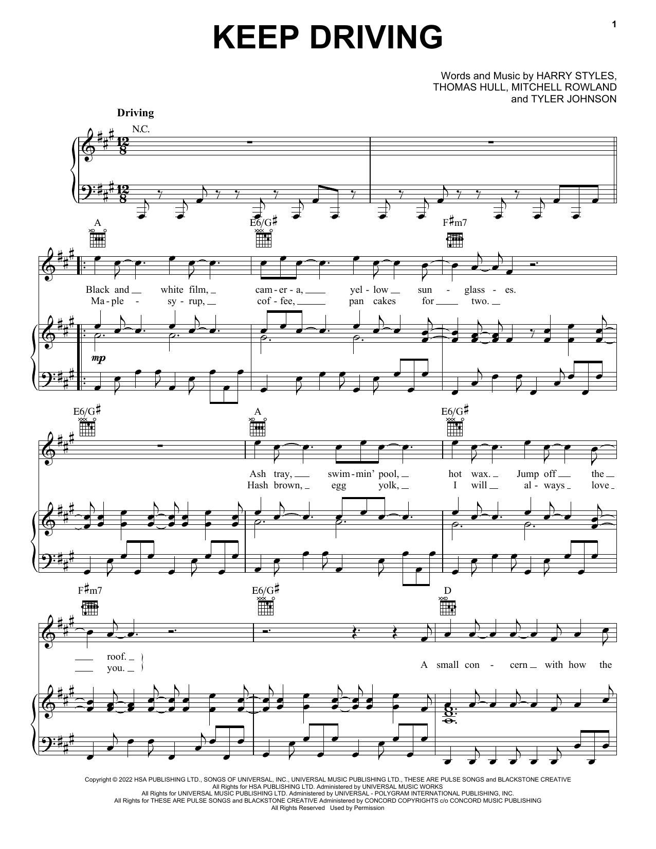 Download Harry Styles Keep Driving sheet music and printable PDF score & Pop music notes