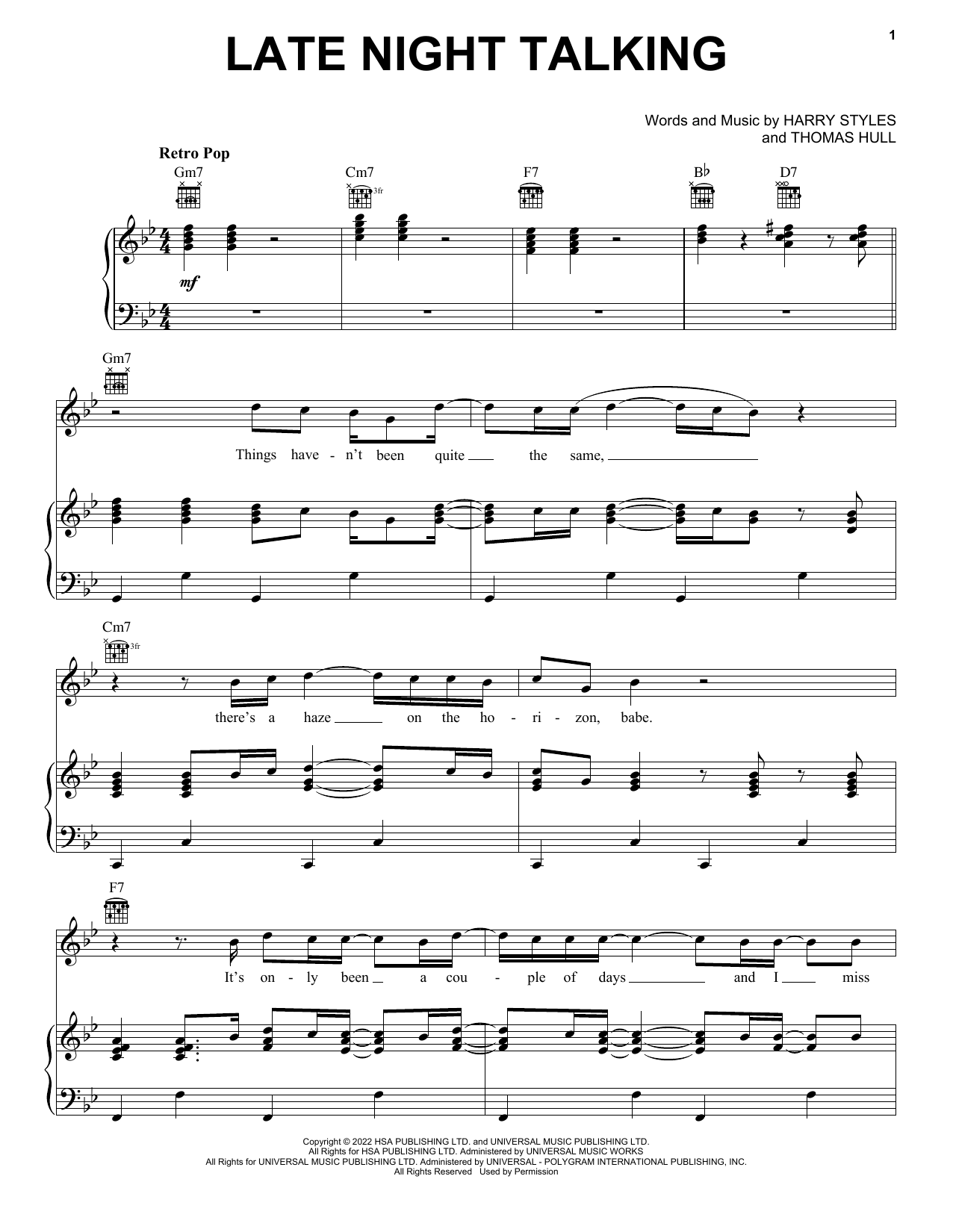 Download Harry Styles Late Night Talking sheet music and printable PDF score & Pop music notes
