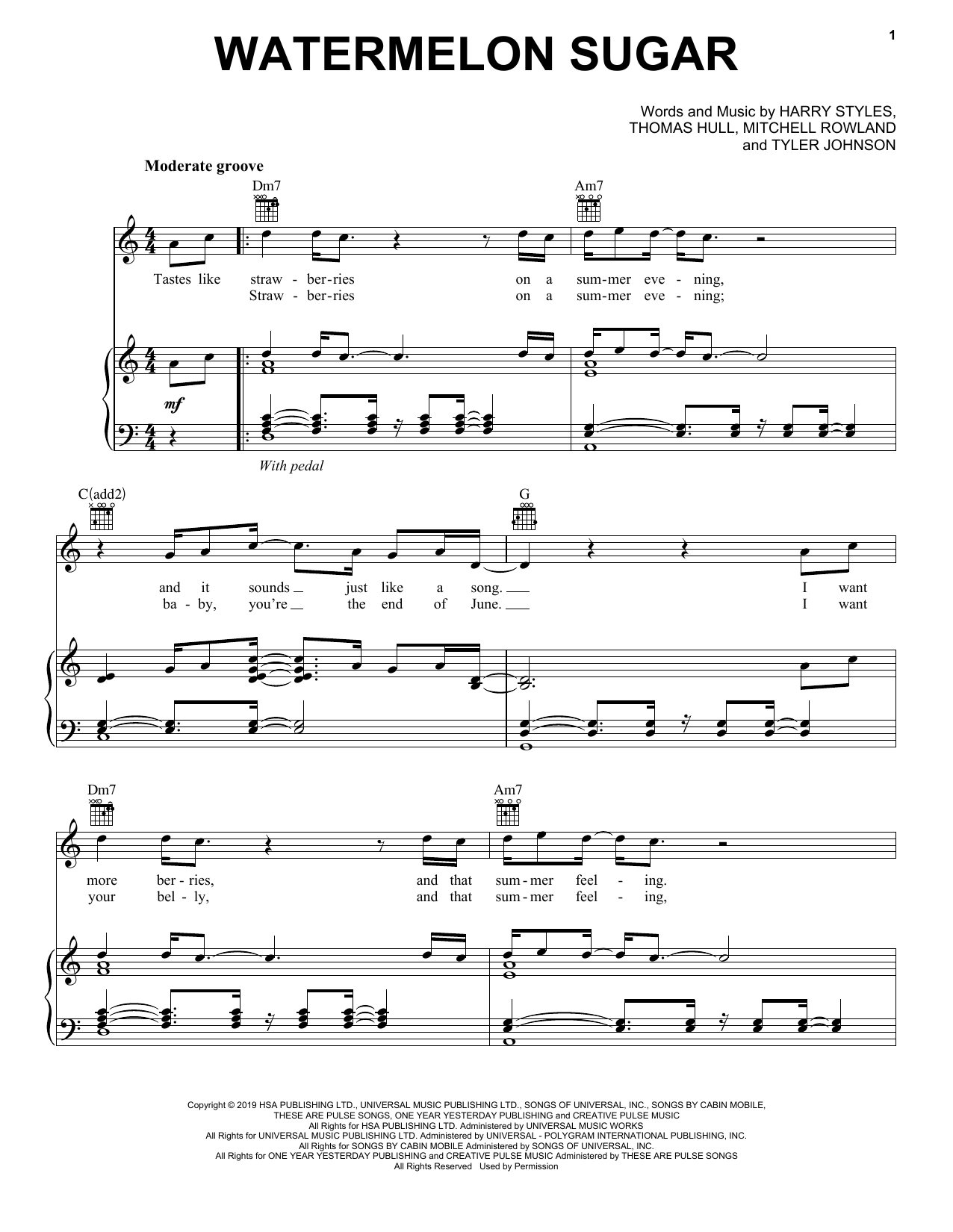 Preview Harry Styles Watermelon Sugar Pop sheet music, notes and chords for Piano, Vocal & Guitar (Right-Hand Melody), SKU: 442365 sheet music, piano notes, chords, guitar tabs, score, transpose, transcribe, how to play, guide, download, learn, tutorial, progression, song, artist, awards, billboard, mtv, vh1, tour, single, album, release
