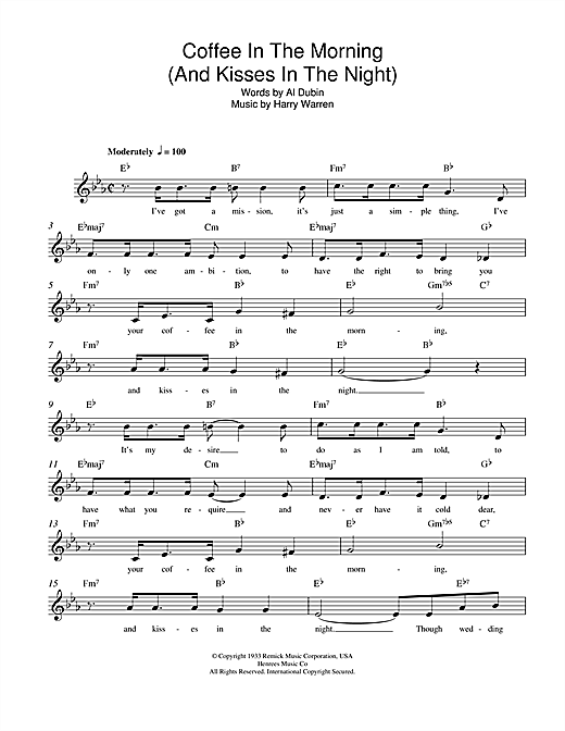 Preview Harry Warren Coffee In The Morning (And Kisses In The Night) Traditional sheet music, notes and chords for Melody Line, Lyrics & Chords, SKU: 108514 sheet music, piano notes, chords, guitar tabs, score, transpose, transcribe, how to play, guide, download, learn, tutorial, progression, song, artist, awards, billboard, mtv, vh1, tour, single, album, release